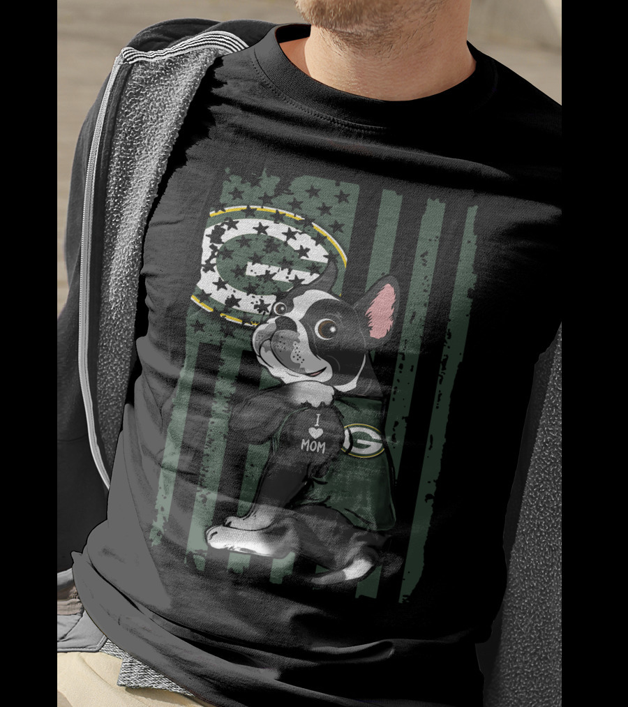 Boston Terrier I Love Mom Green Bay Packers Football Fan T-Shirt