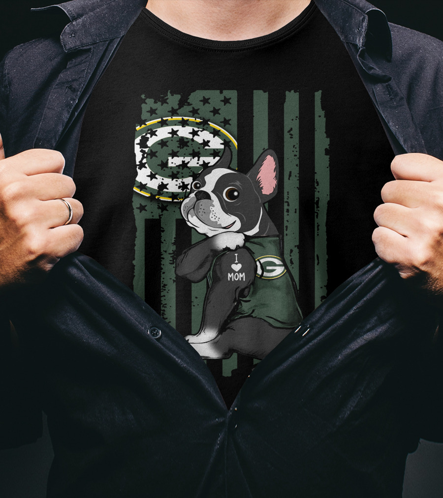 Boston Terrier I Love Mom Green Bay Packers Football Fan T-Shirt