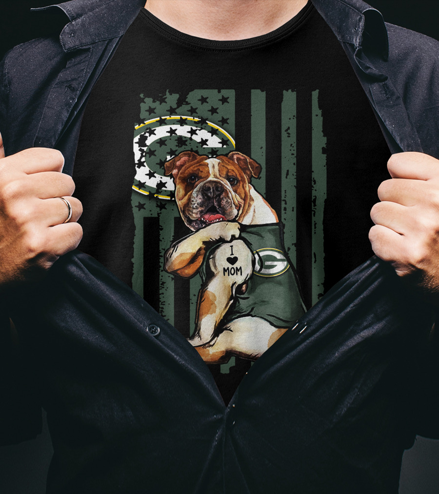 Bulldog I Love Mom Green Bay Packers Flag Stars T-Shirt