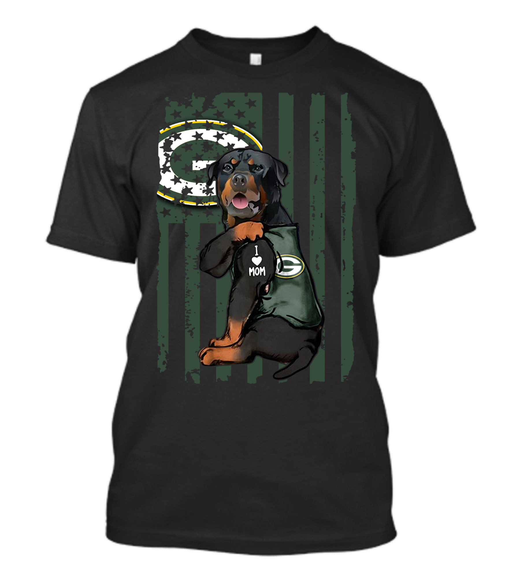 Rottweiler I Love Mom Green Bay Packers Logo Patriotic Flag T-Shirt