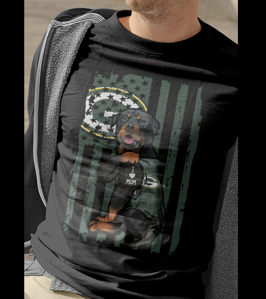 Rottweiler I Love Mom Green Bay Packers Logo Patriotic Flag T-Shirt