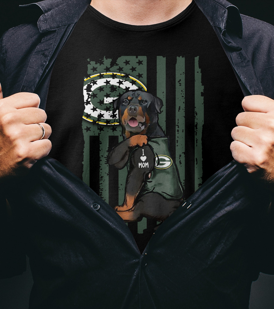 Rottweiler I Love Mom Green Bay Packers Logo Patriotic Flag T-Shirt