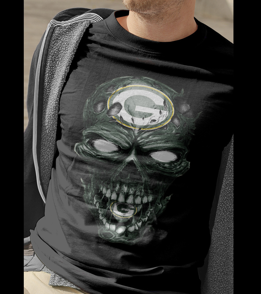 Green Bay Packers Skull Face With Team Logo Eyes T-Shirt