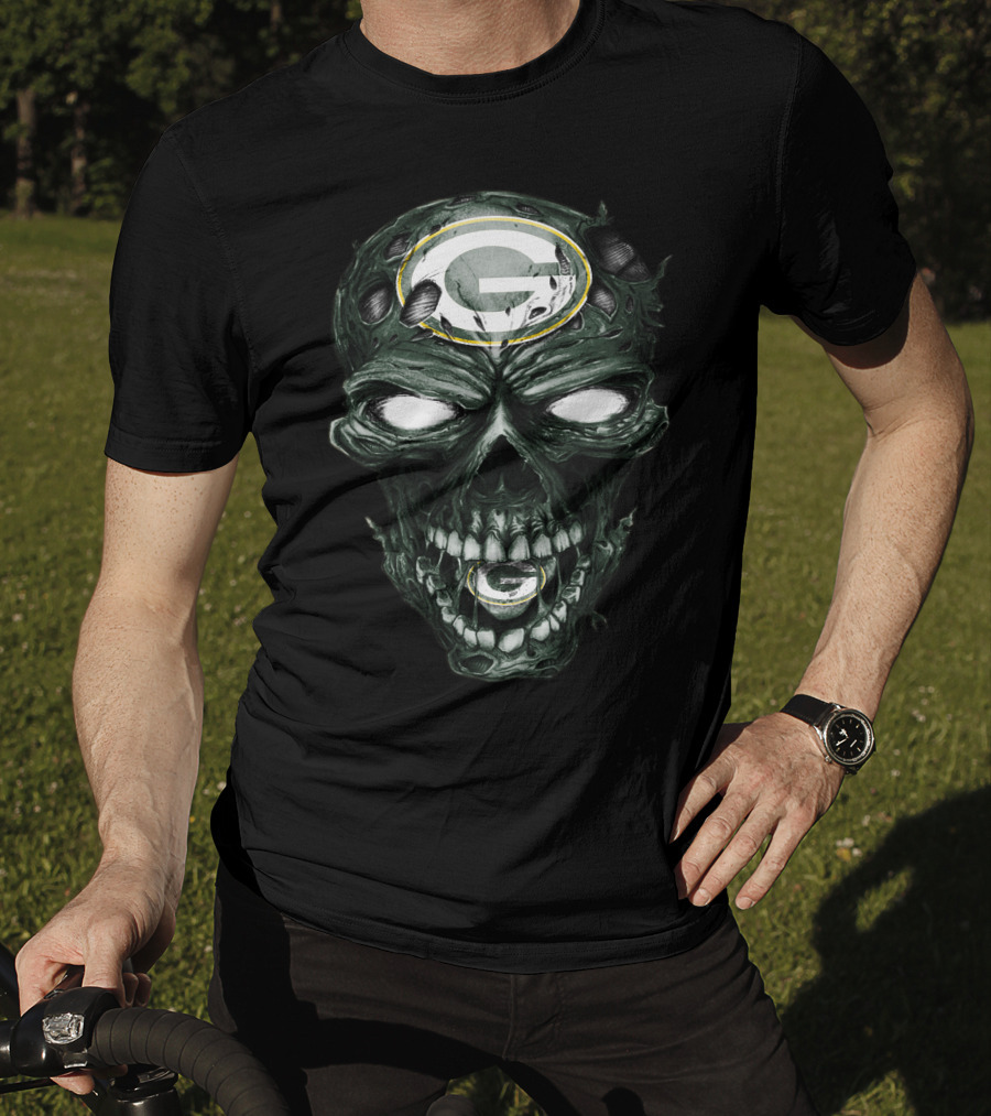 Green Bay Packers Skull Face With Team Logo Eyes T-Shirt