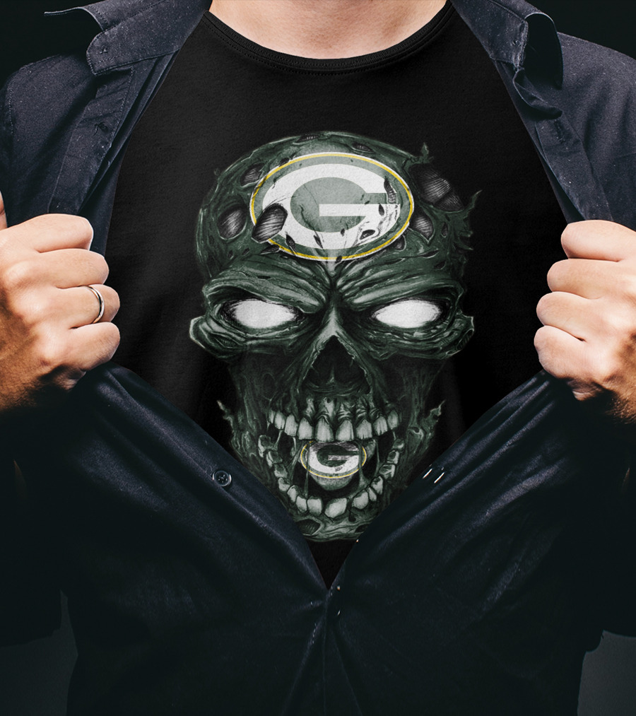 Green Bay Packers Skull Face With Team Logo Eyes T-Shirt