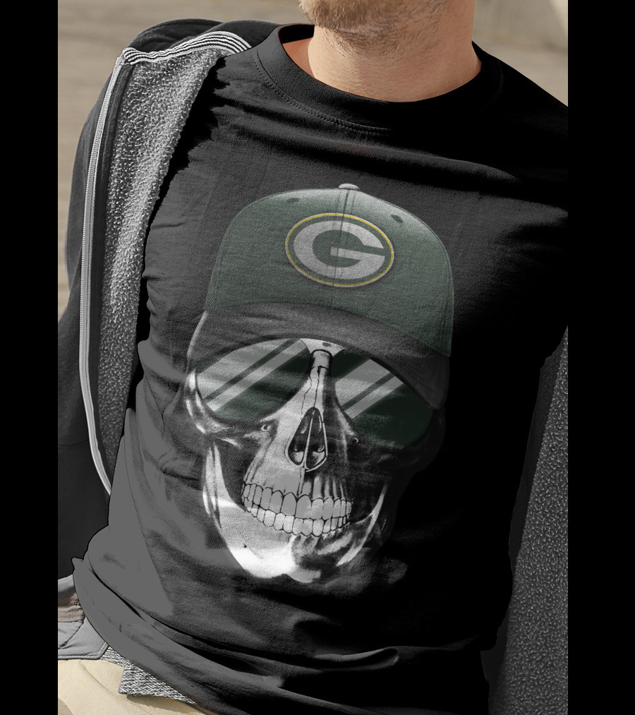 Skull Wearing Green Bay Packers Cap With Sunglasses T-Shirt