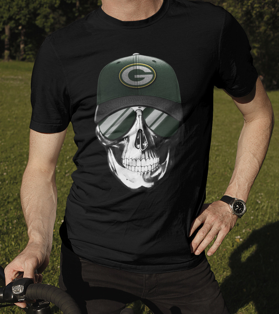 Skull Wearing Green Bay Packers Cap With Sunglasses T-Shirt