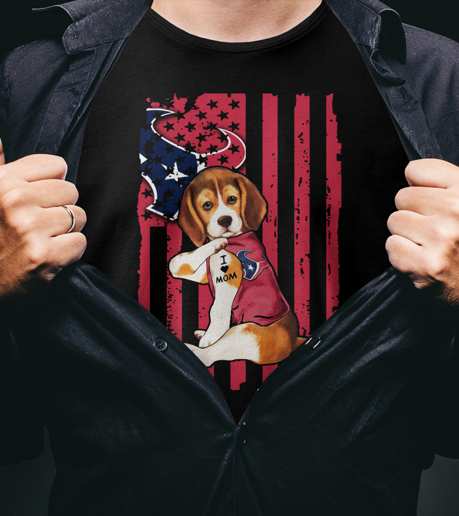 Beagle I Love Mom Houston Texans Stars And Stripes Flag T-Shirt