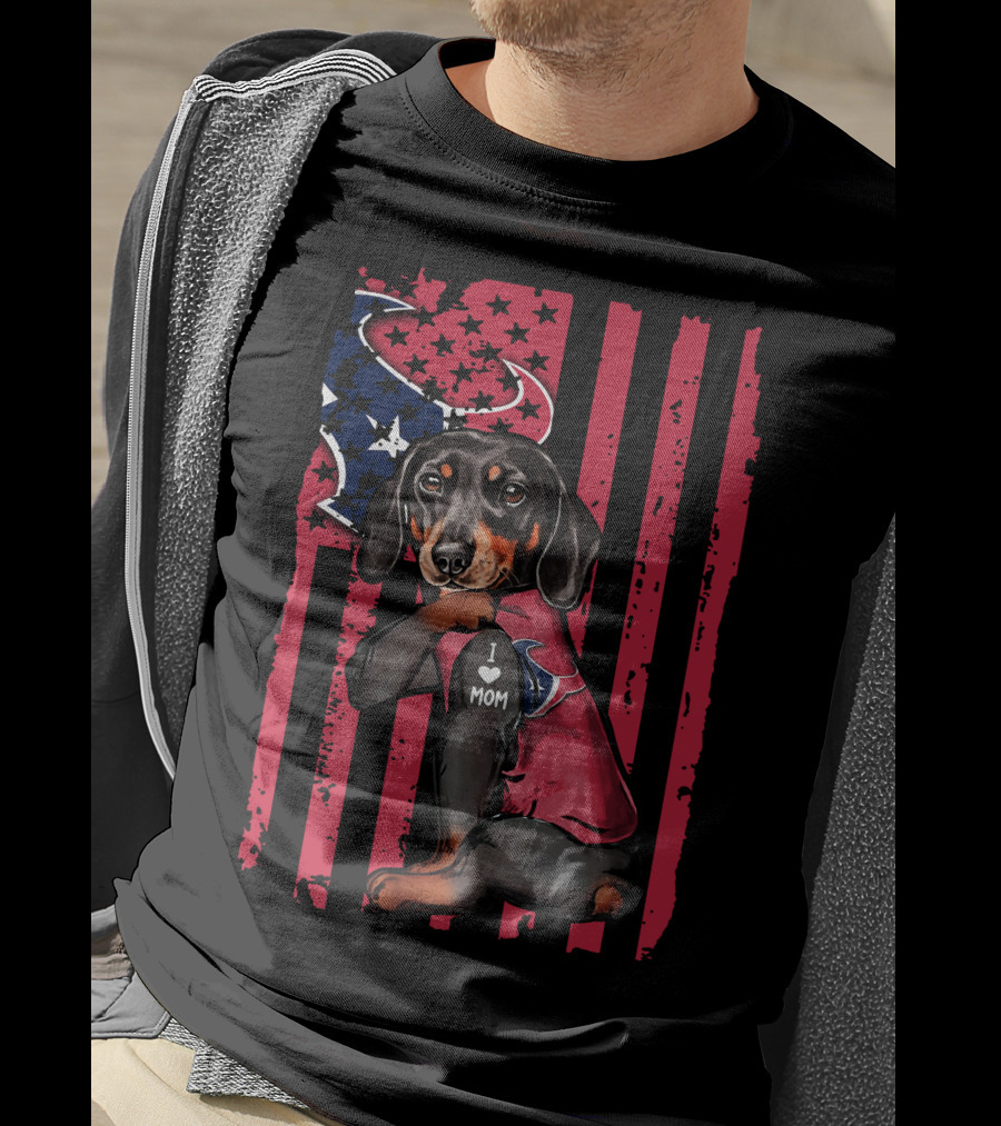 Dachshund I Love Mom Houston Texans Usa Flag Football T-Shirt