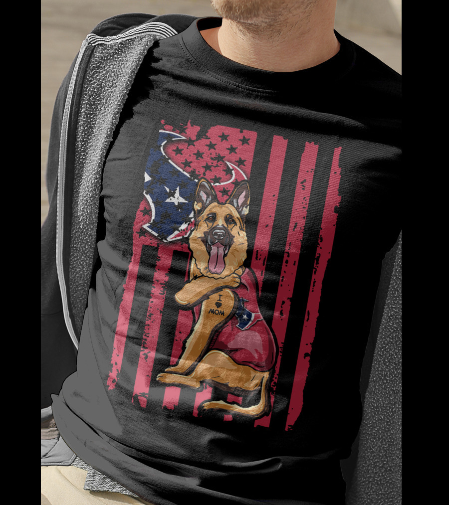 German Shepherd I Love Mom With American Flag And Houston Texans Stars T-Shirt