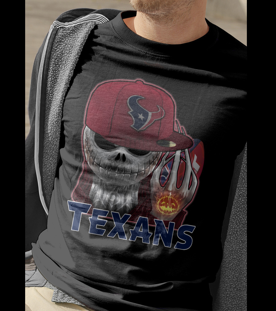 Texans Skull With Houston Cap And Pumpkin Football T-Shirt