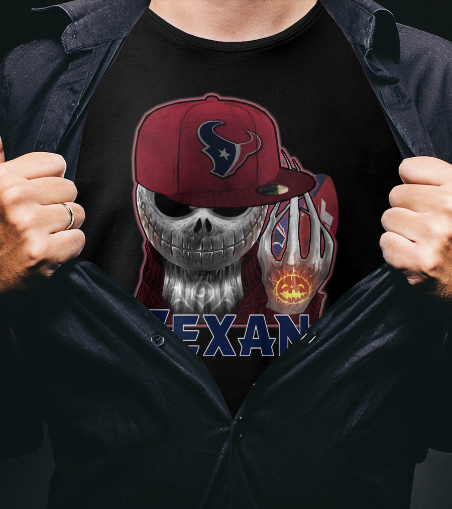 Texans Skull With Houston Cap And Pumpkin Football T-Shirt