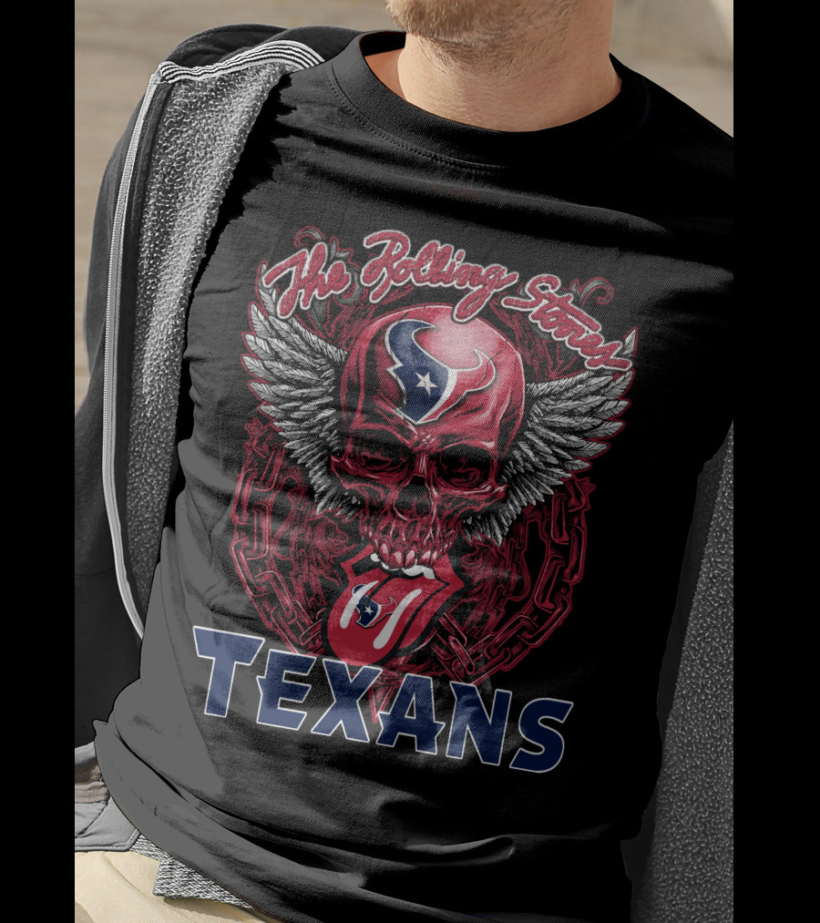 The Rolling Stones Houston Texans Skull Winged Logo Tongue T-Shirt