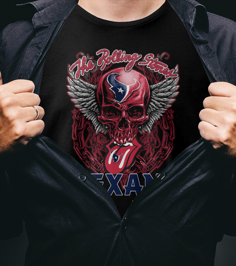 The Rolling Stones Houston Texans Skull Winged Logo Tongue T-Shirt