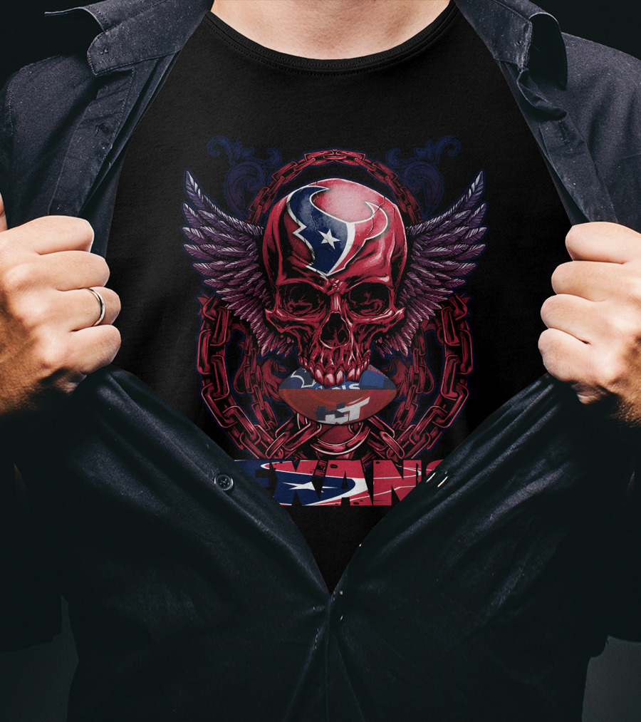 Skullfb Texans Winged Skull With Chains And Football Elements T-Shirt