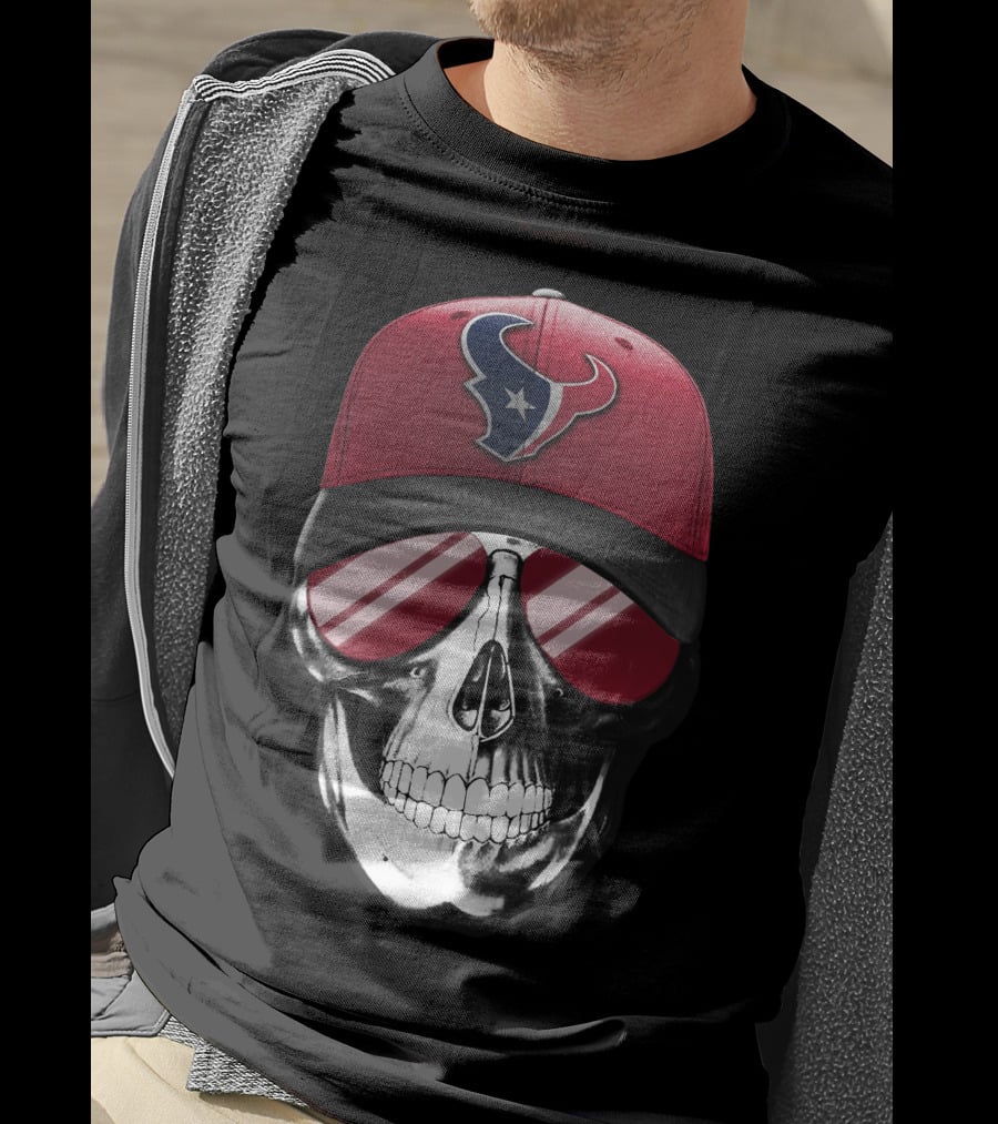 Skull With Red Cap Featuring Houston Texans Logo And Reflective Sunglasses T-Shirt