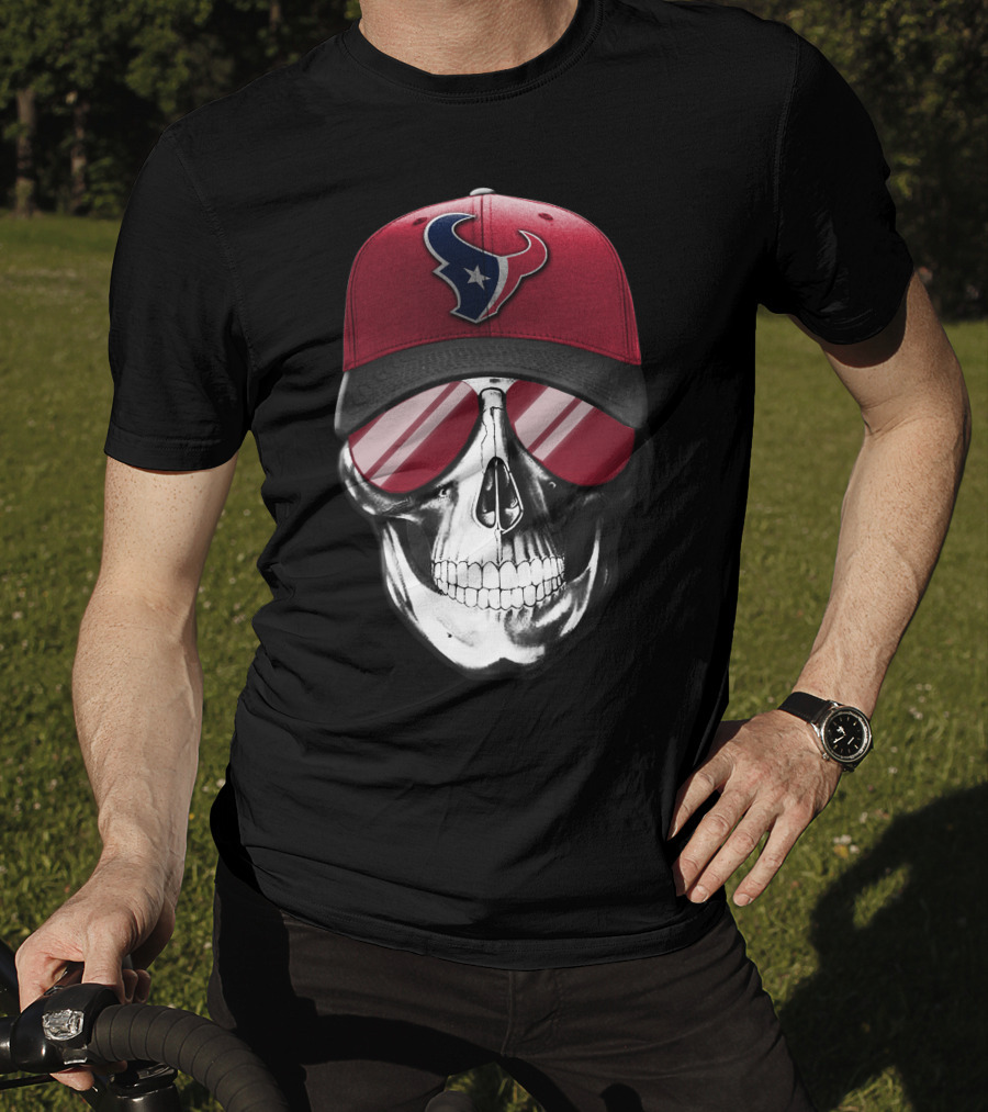 Skull With Red Cap Featuring Houston Texans Logo And Reflective Sunglasses T-Shirt
