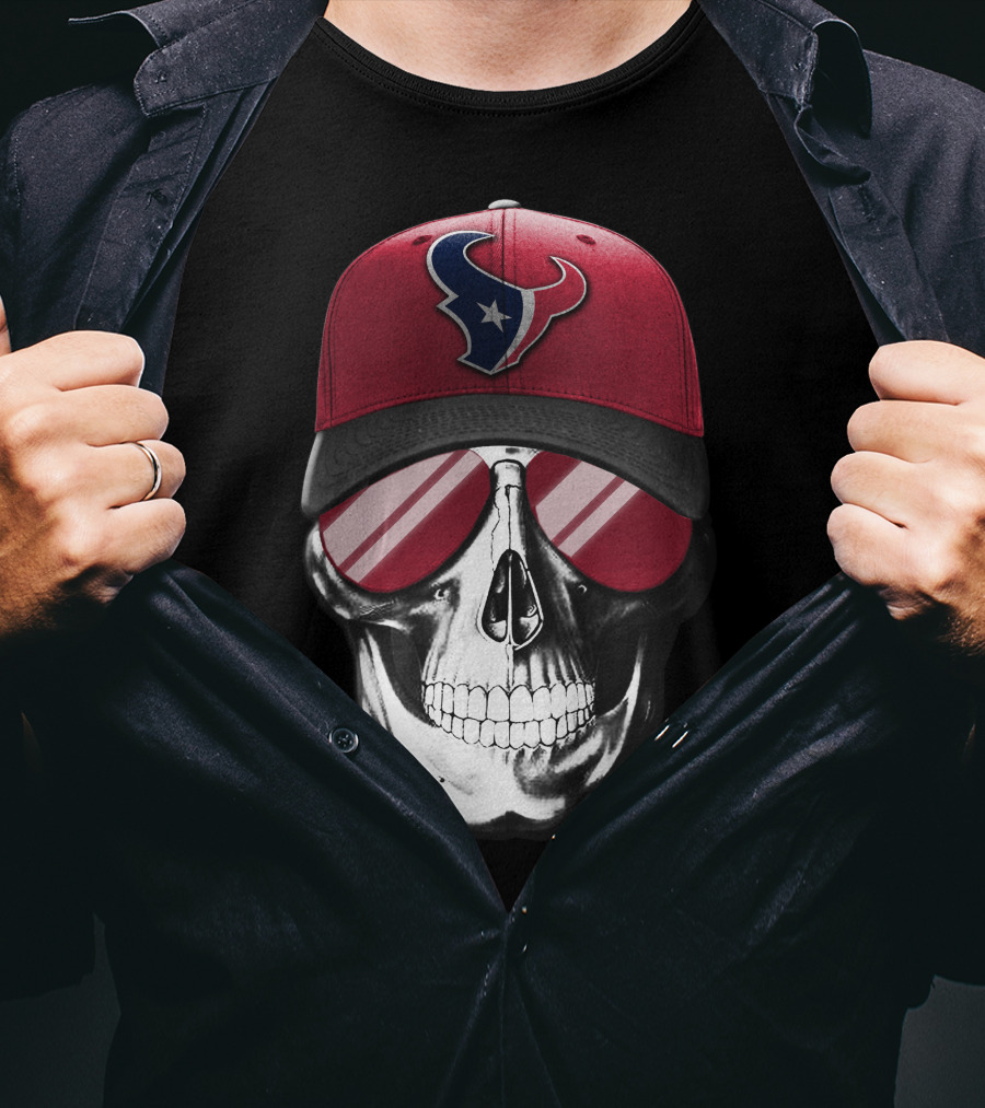 Skull With Red Cap Featuring Houston Texans Logo And Reflective Sunglasses T-Shirt
