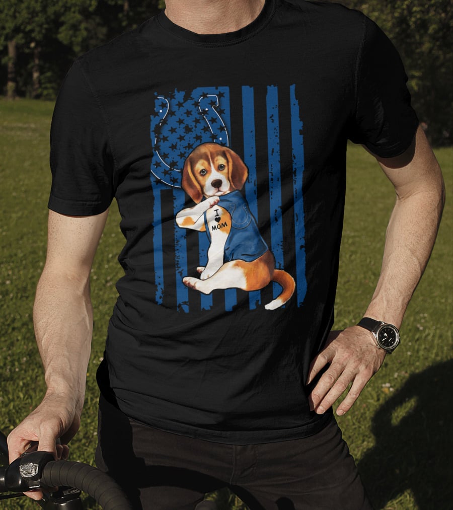 Beagle Puppy In Indianapolis Colts Shirt With I Love Mom Tattoo Flag Background T-Shirt