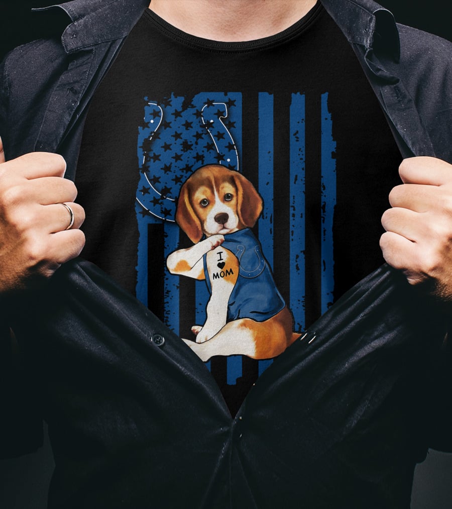 Beagle Puppy In Indianapolis Colts Shirt With I Love Mom Tattoo Flag Background T-Shirt