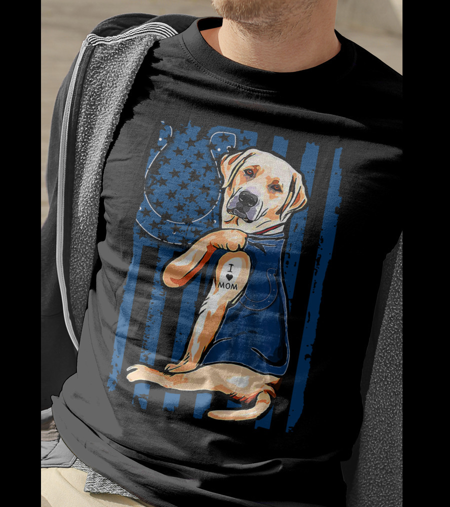 Labrador Retriever With Indianapolis Colts Horseshoe And I Love Mom Tattoo T-Shirt