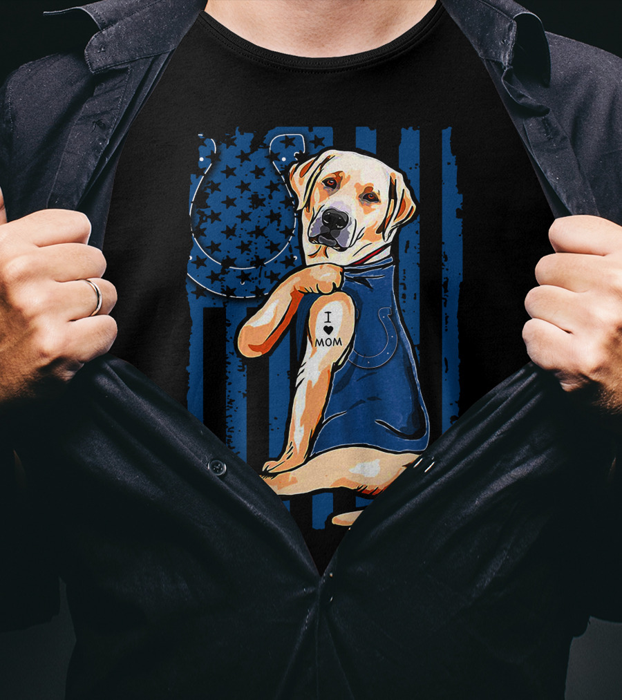 Labrador Retriever With Indianapolis Colts Horseshoe And I Love Mom Tattoo T-Shirt