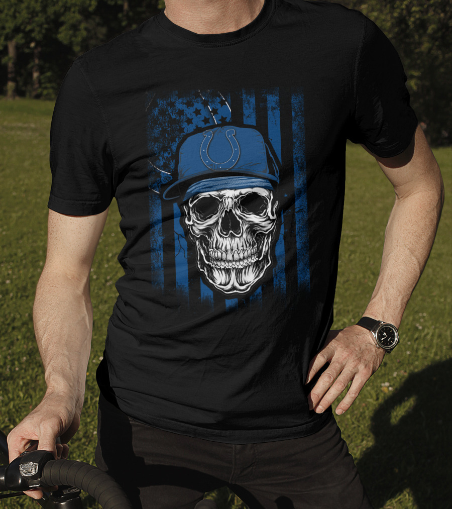 Indianapolis Colts Skull With Blue Flag Background T-Shirt