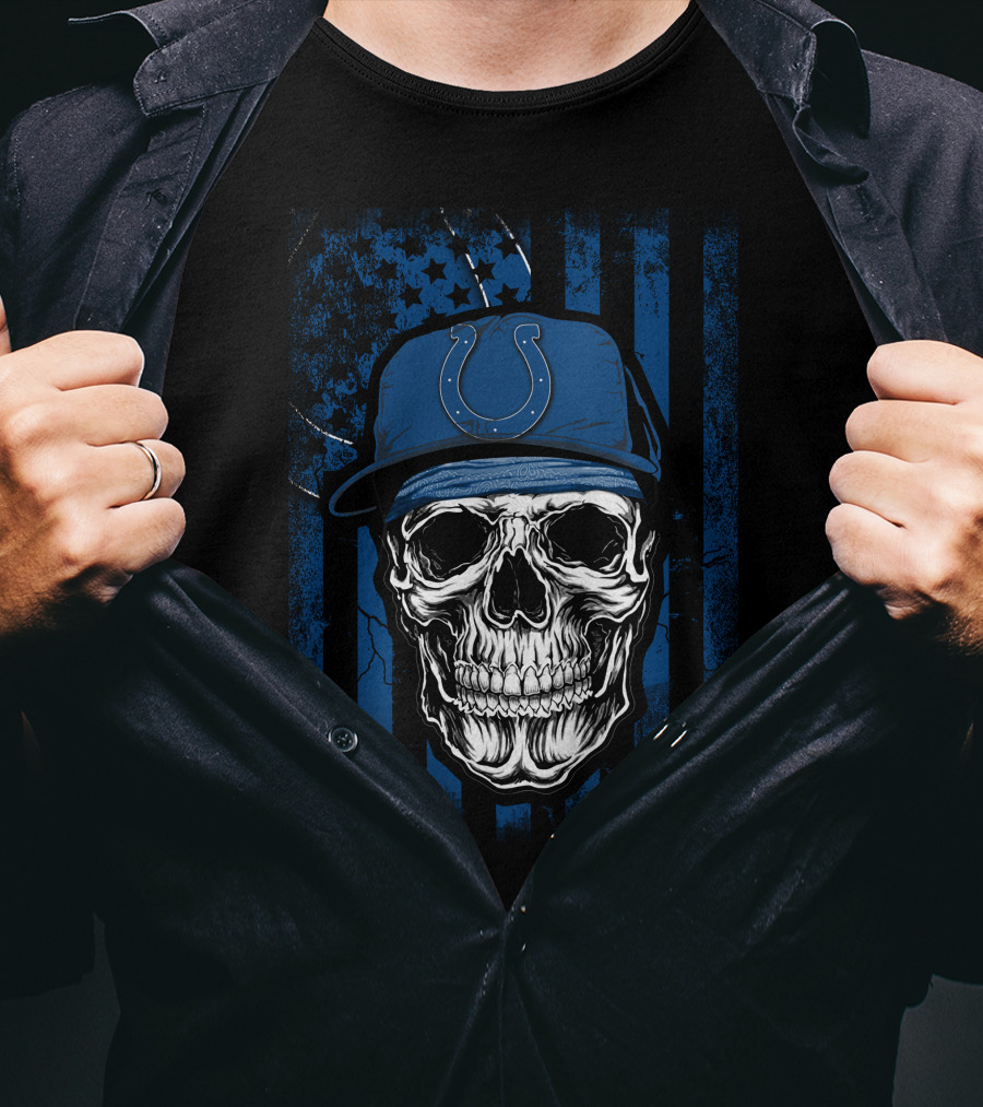 Indianapolis Colts Skull With Blue Flag Background T-Shirt
