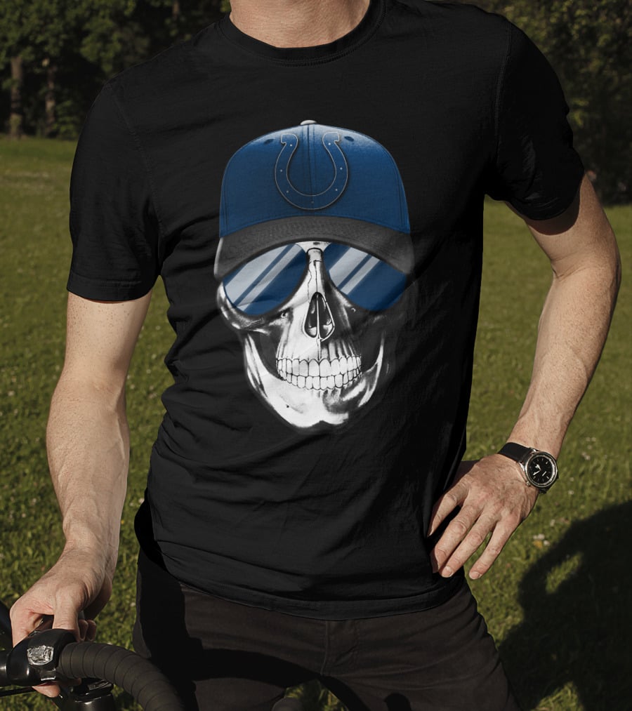 Indianapolis Colts Skull With Blue Cap And Sunglasses T-Shirt