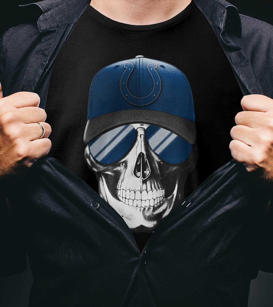 Indianapolis Colts Skull With Blue Cap And Sunglasses T-Shirt