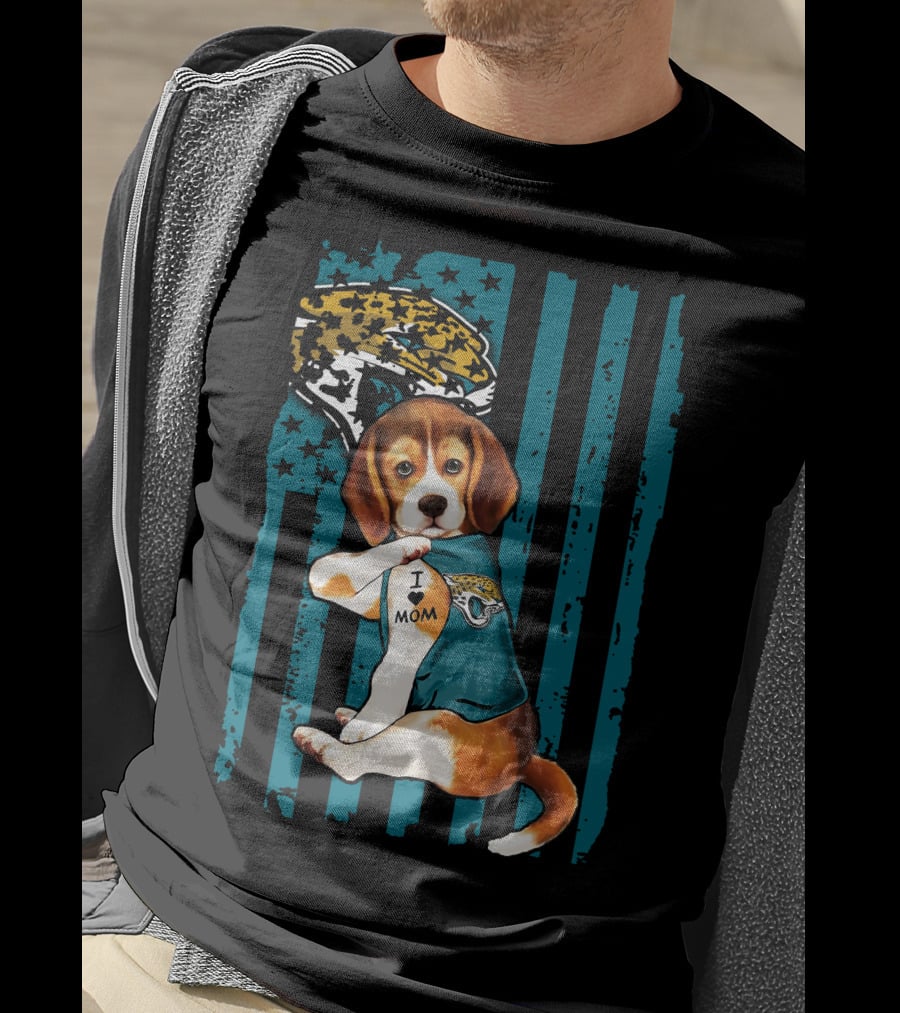 Beagle Wearing Jacksonville Jaguars Jersey With I Love Mom Tattoo And Jaguar T-Shirt
