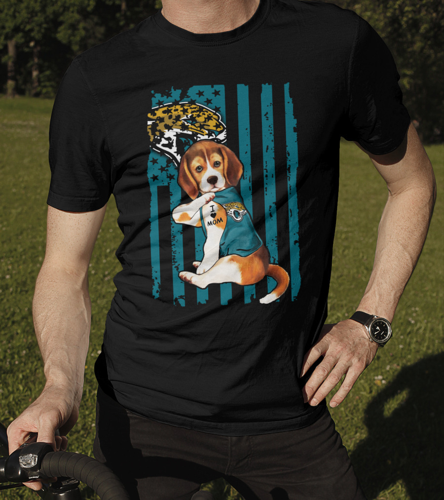Beagle Wearing Jacksonville Jaguars Jersey With I Love Mom Tattoo And Jaguar T-Shirt
