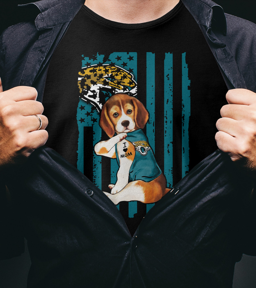 Beagle Wearing Jacksonville Jaguars Jersey With I Love Mom Tattoo And Jaguar T-Shirt