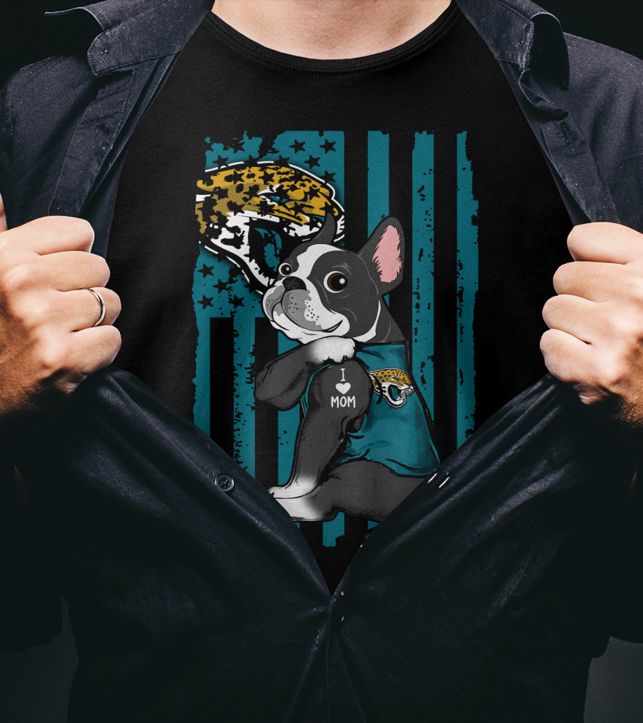 Boston Terrier I Love Mom Jacksonville Jaguars Fan Flag T-Shirt