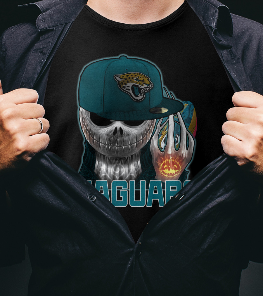Jackskull Jaguars Halloween Skull Holding Pumpkin With Jaguars Logo Hat T-Shirt