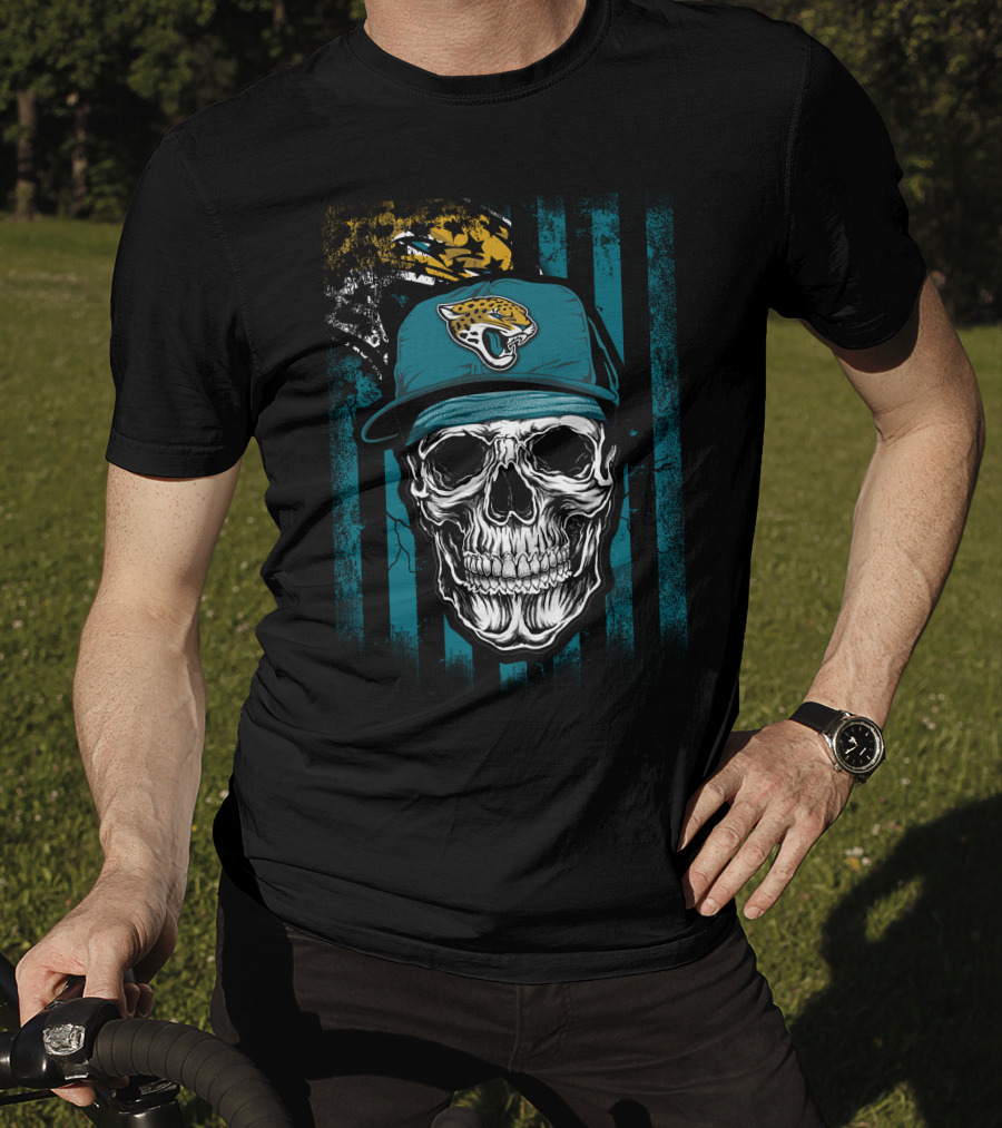 Skull In Jacksonville Jaguars Cap With Teal Stripes T-Shirt