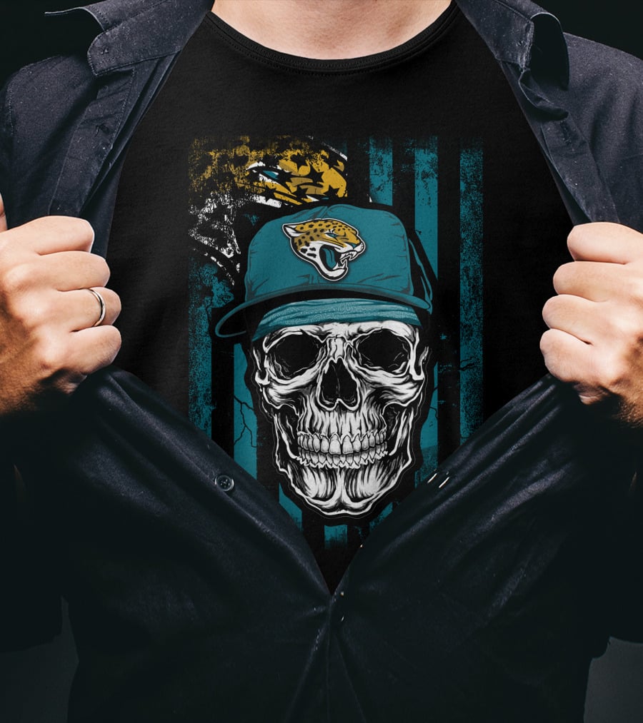 Skull In Jacksonville Jaguars Cap With Teal Stripes T-Shirt