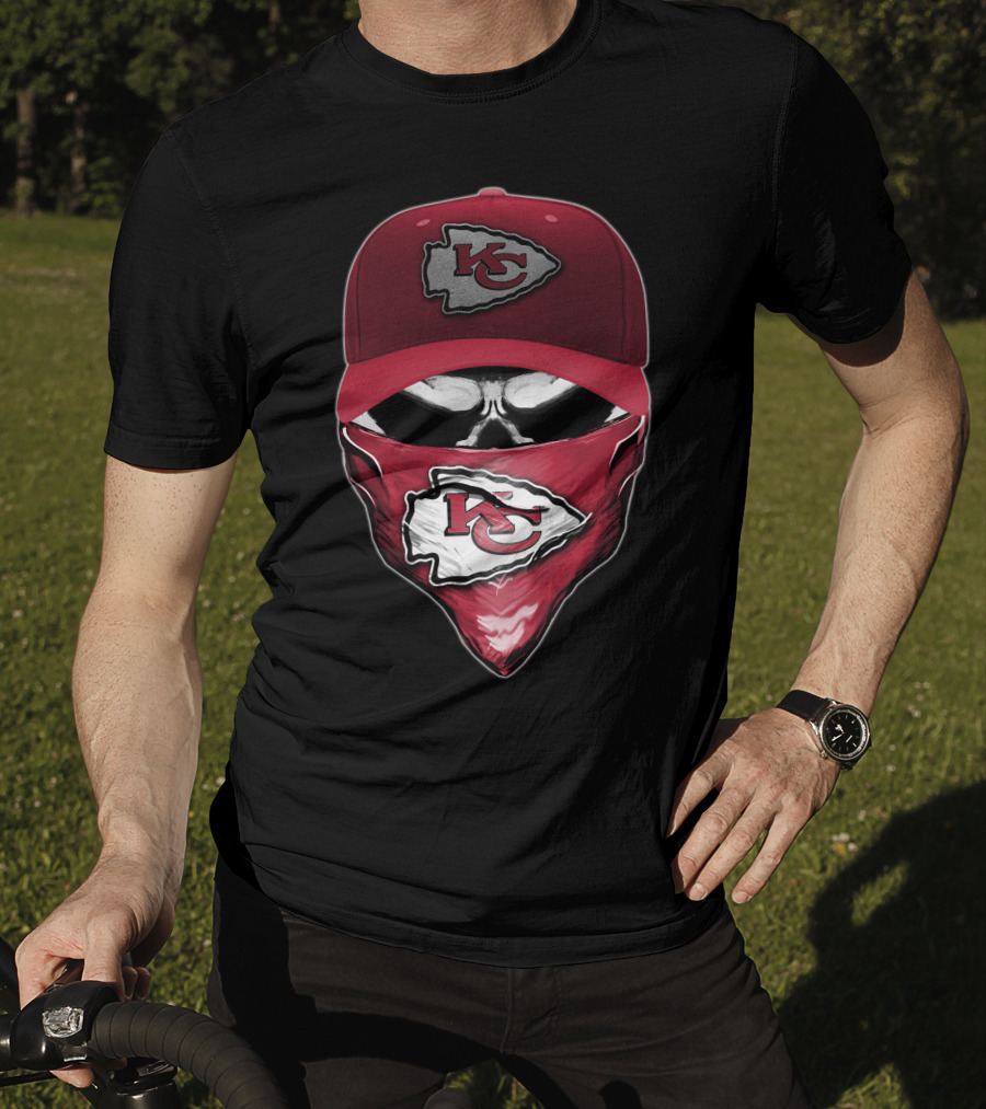 Skull With Kansas City Chiefs Cap And Bandana T-Shirt