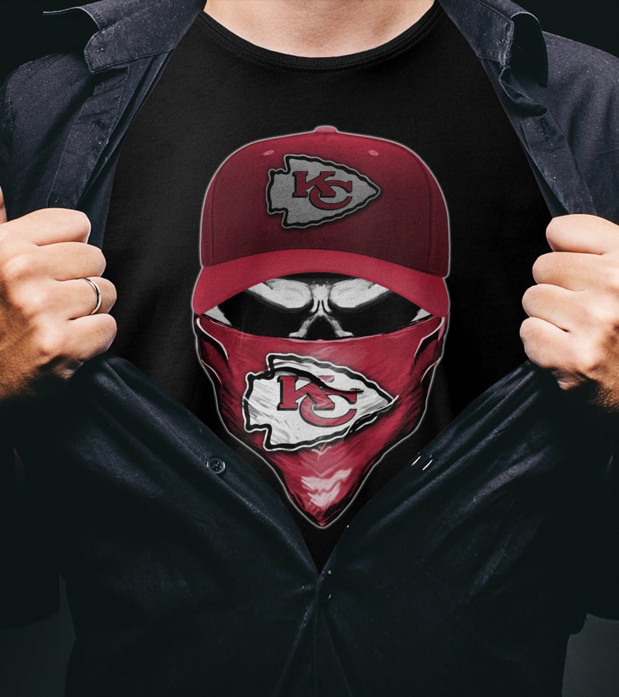 Skull With Kansas City Chiefs Cap And Bandana T-Shirt
