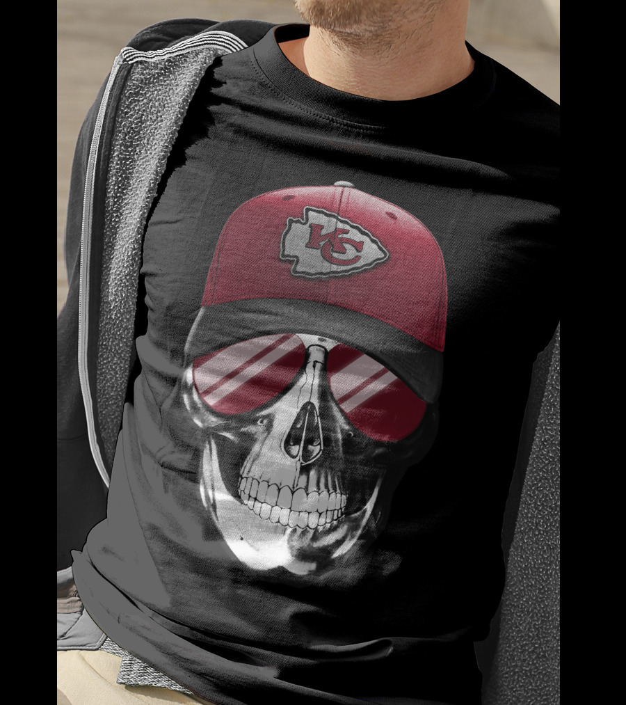 Skull With Kansas City Chiefs Hat And Sunglasses T-Shirt