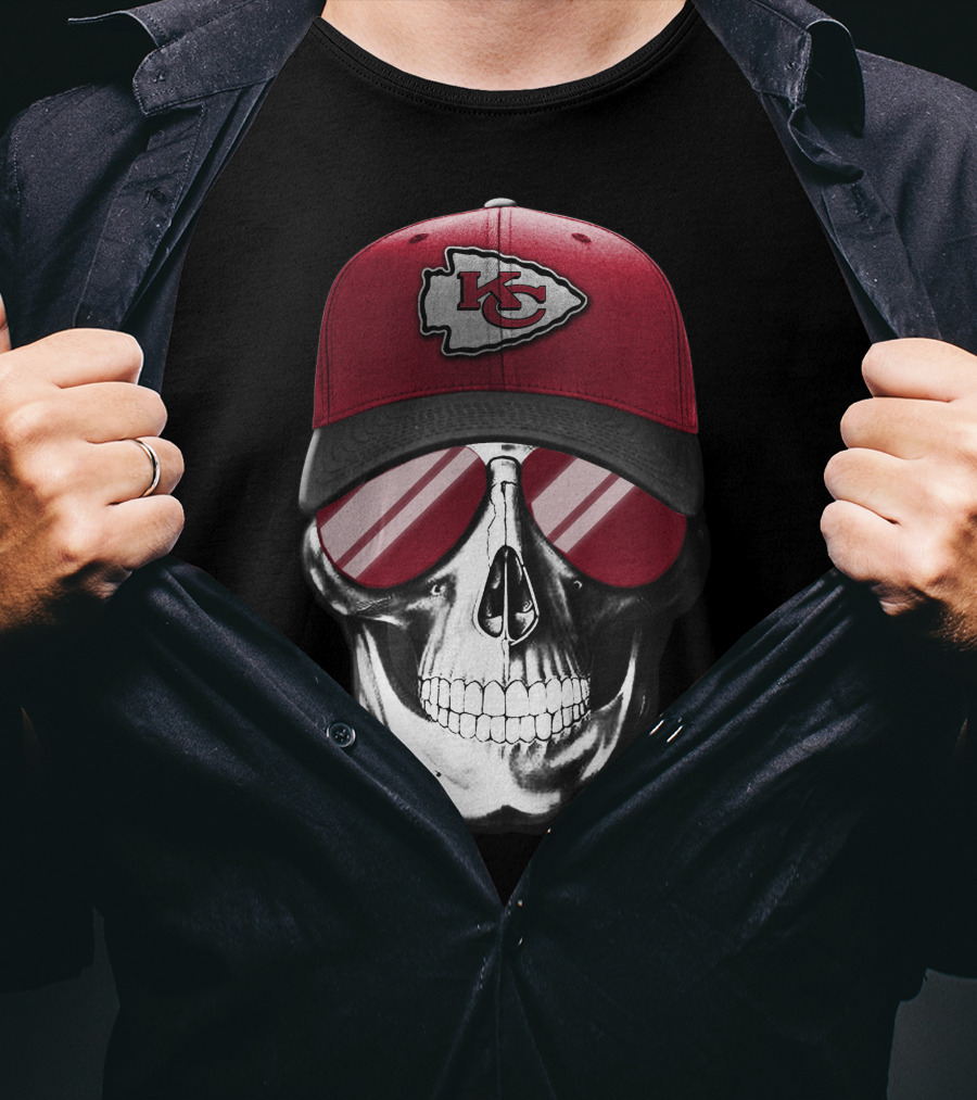 Skull With Kansas City Chiefs Hat And Sunglasses T-Shirt