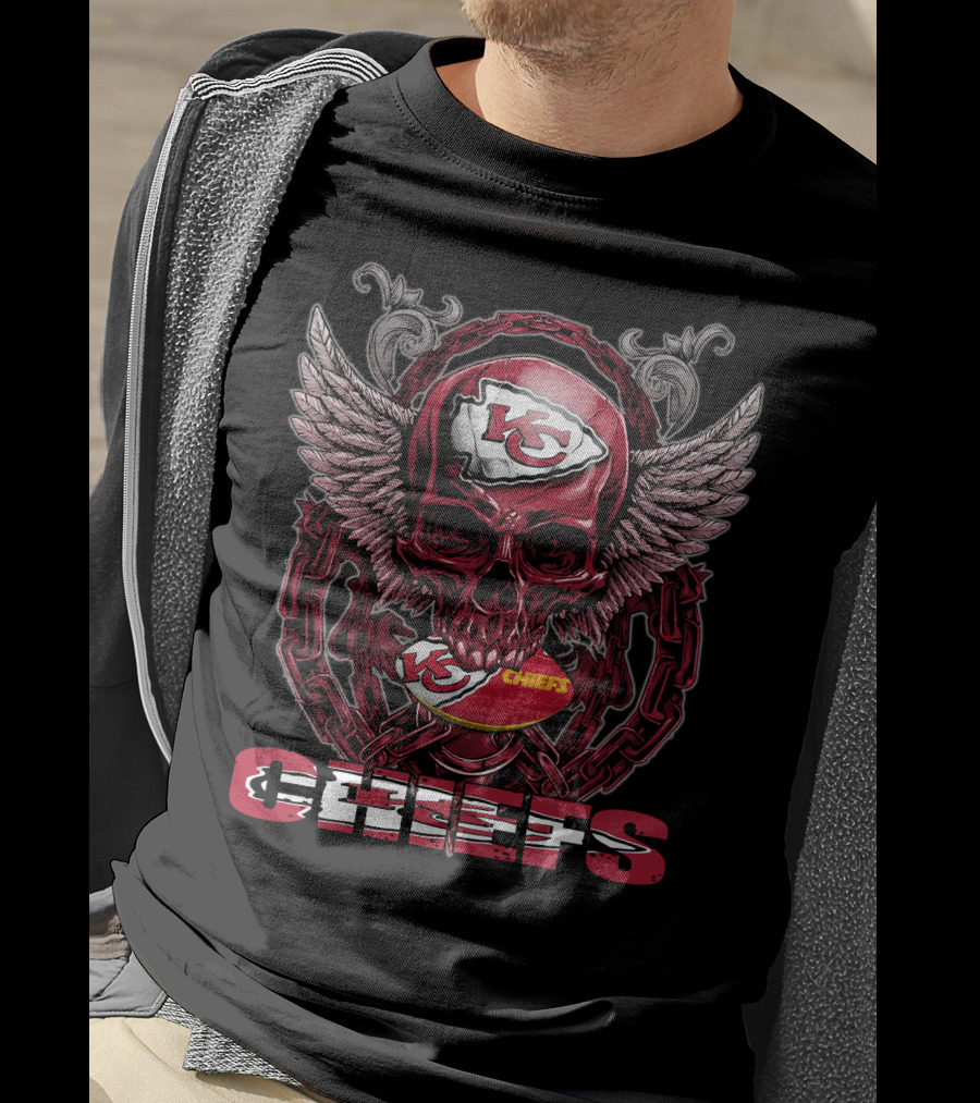Skullfb Kansas City Chiefs Red Skull With Logo And Wings T-Shirt