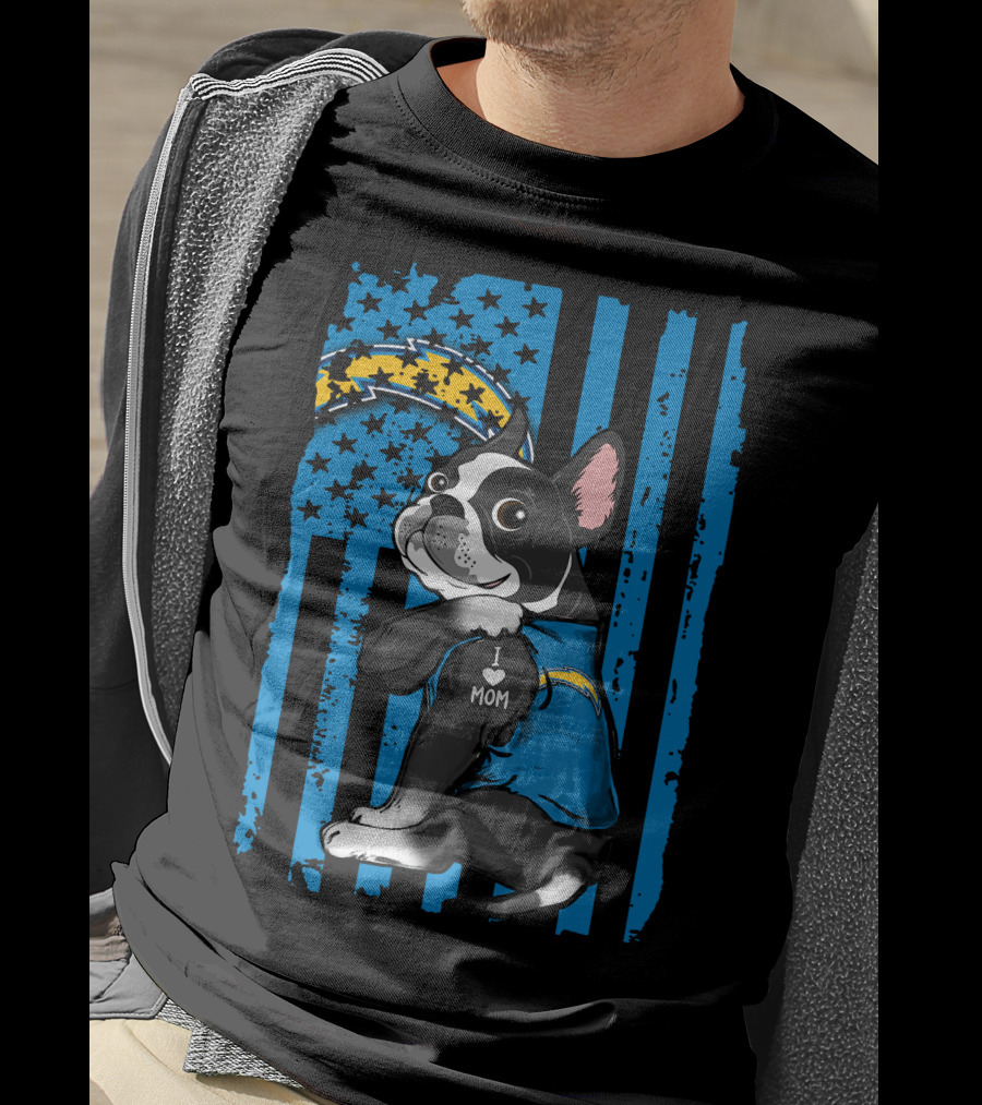 Boston Terrier I Love Mom Los Angeles Chargers Fan T-Shirt