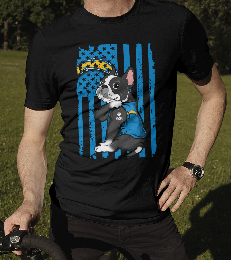 Boston Terrier I Love Mom Los Angeles Chargers Fan T-Shirt