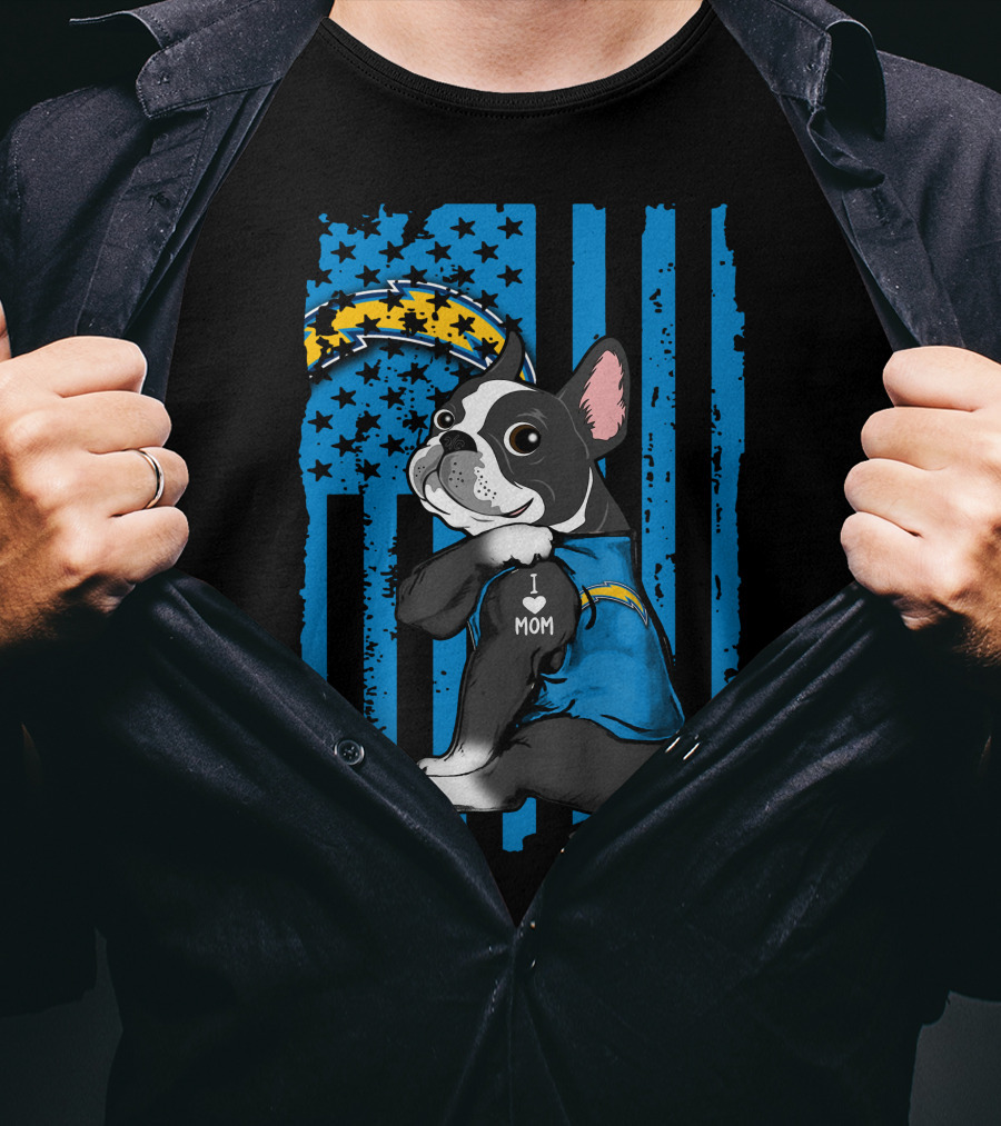Boston Terrier I Love Mom Los Angeles Chargers Fan T-Shirt