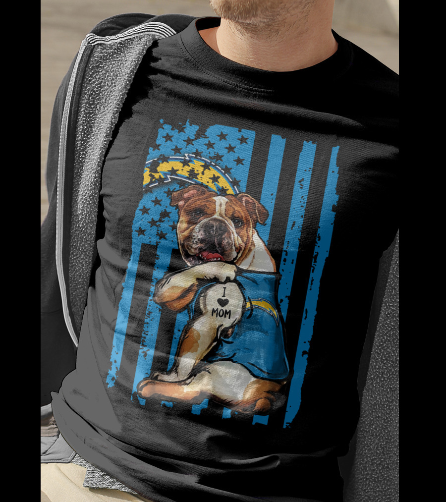 Bulldog I Love Mom Los Angeles Chargers Logo Stars Stripes T-Shirt