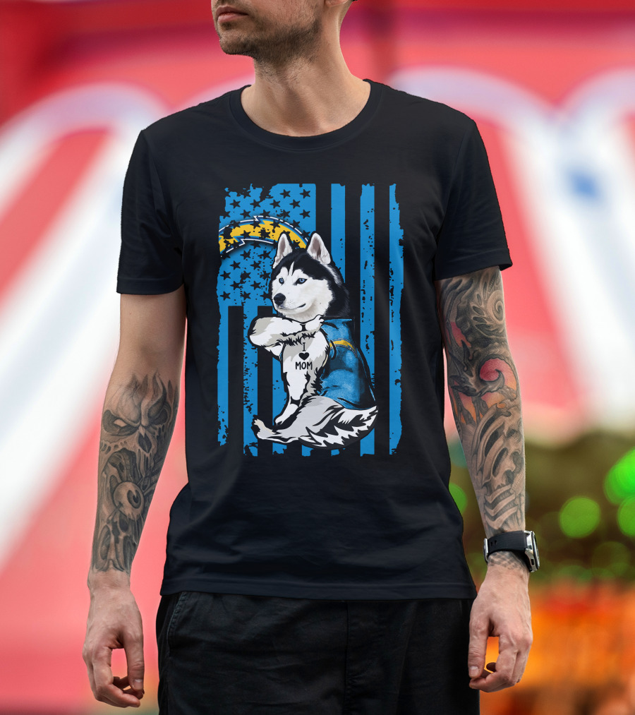 Siberian Husky I Love Mom Los Angeles Chargers Blue Stars T-Shirt