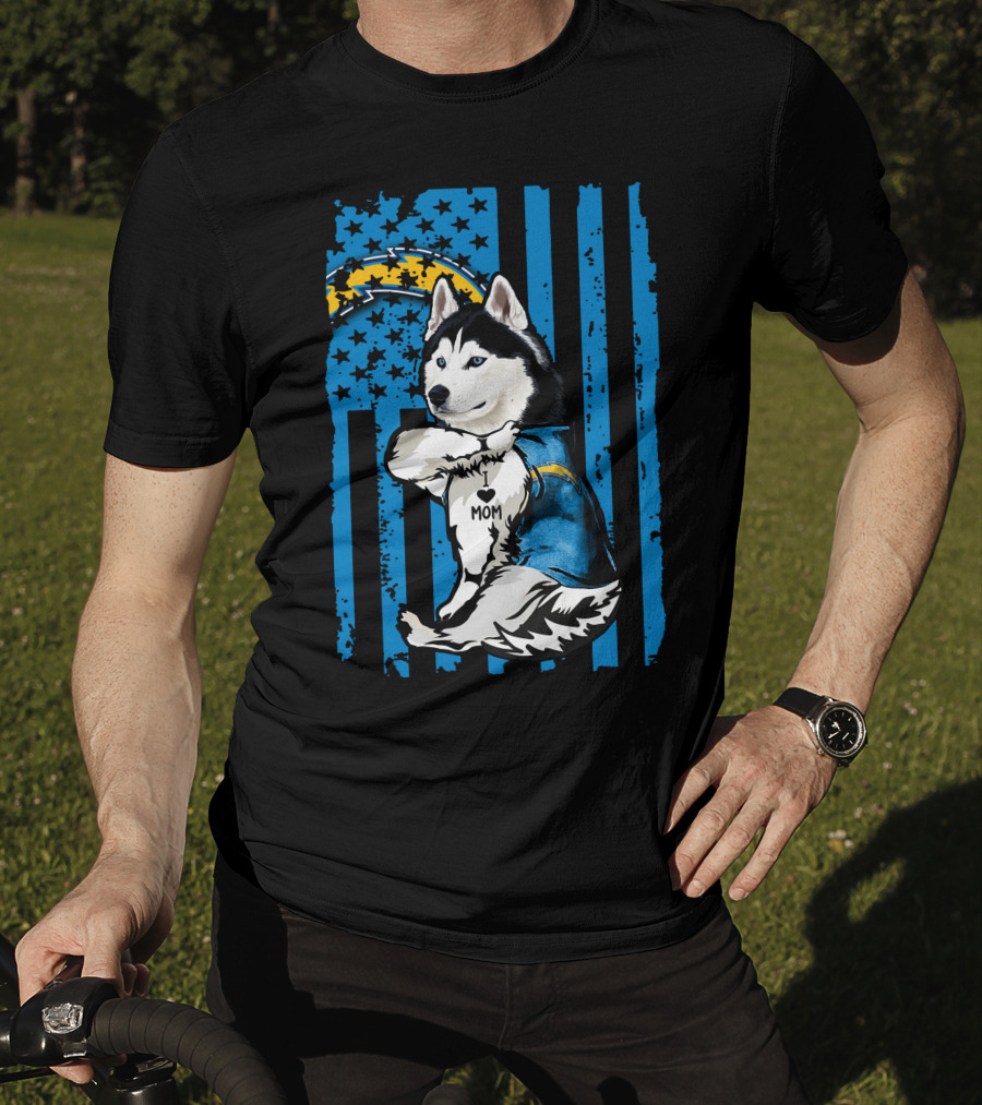 Siberian Husky I Love Mom Los Angeles Chargers Blue Stars T-Shirt