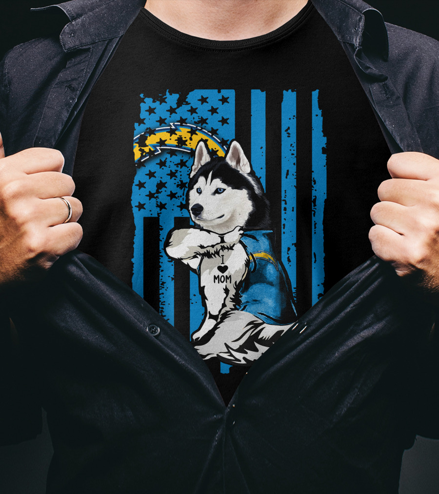 Siberian Husky I Love Mom Los Angeles Chargers Blue Stars T-Shirt