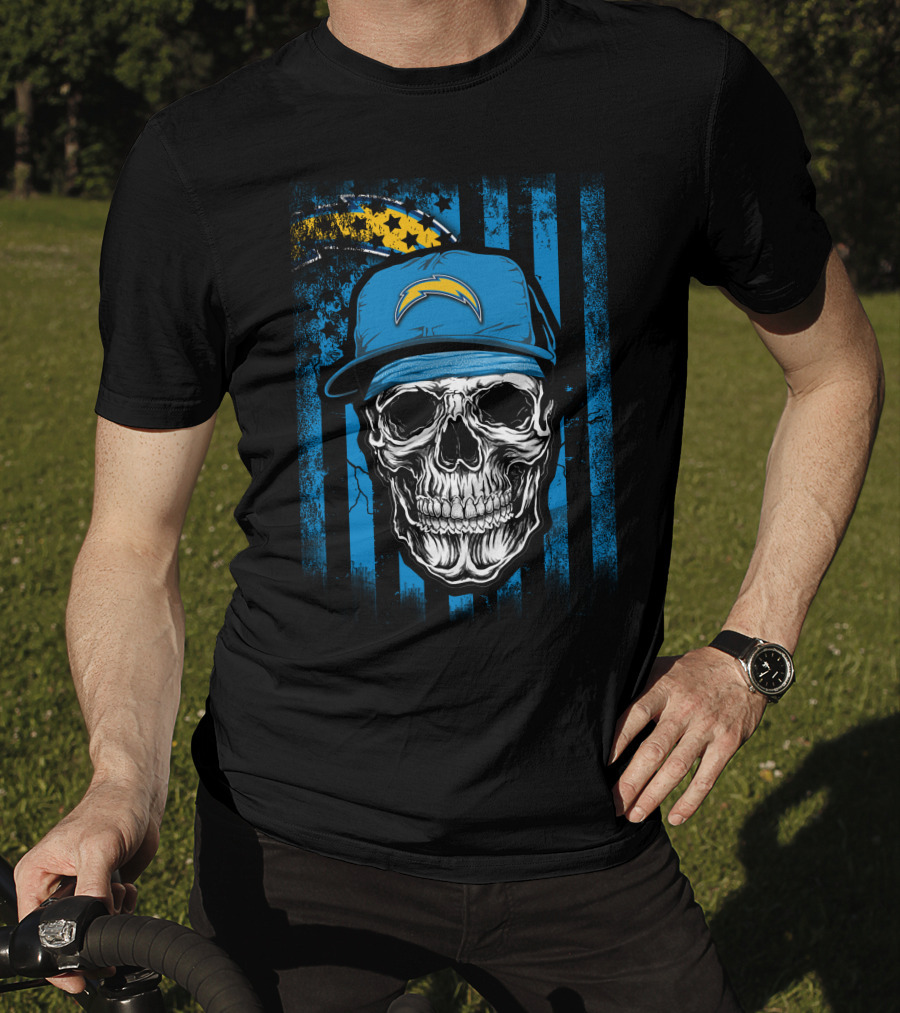 Skull With Los Angeles Chargers Lightning Bolt Hat On T-Shirt